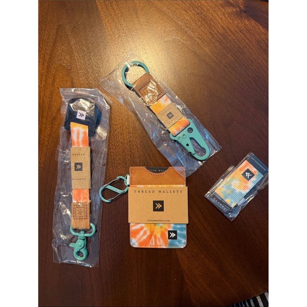 Kavu Tie-Dye Orange Blue Thread Wallet Card Holder with Teal Hardware